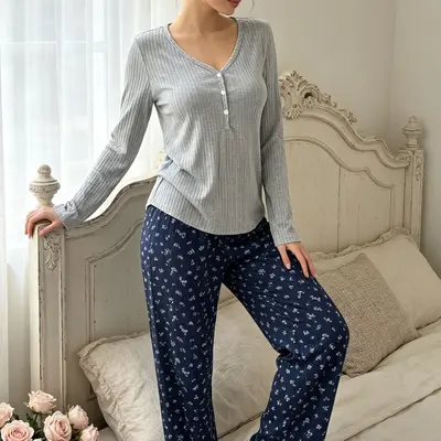 Kadın Triko Pijama Takımı, Uzun Kollu Üst ve Uzun Pantolon