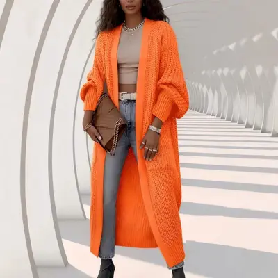 Women's Thick Knee-Length Long-Sleeve Knit Cardigan, Autumn Winter