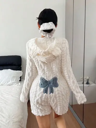 Women's Hooded Long Sleeve Plush Jumpsuit with Bow Pattern
