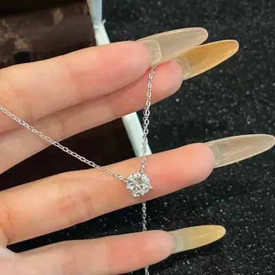S925纯银莫桑石项链女简约轻奢经典四爪吊坠锁骨链饰品直播爆款