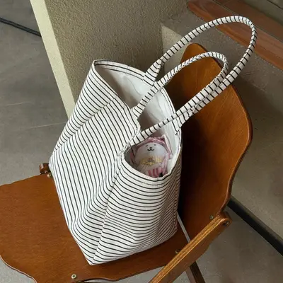 Korean Style High-Appearance Striped Canvas Tote Bag Large Capacity New Model Commute Handbag Single Shoulder Bag Women Shopping Bag