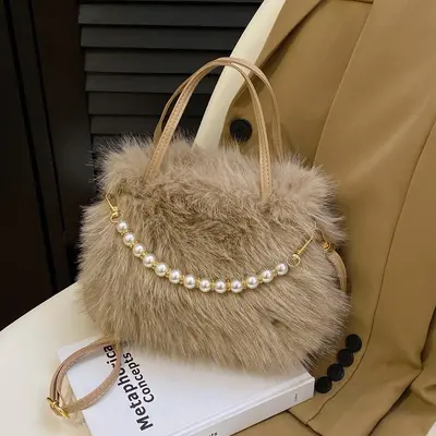 Women's Handbag, Plush and Beaded, Small Square Shoulder Bag - 9