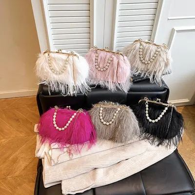 Retro Peluş Kadın Çanta, İnci Zincirli Küçük Kare Çanta, Tek Omuz Askılı
