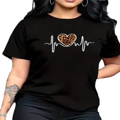 Baskılı Yuvarlak Yaka Büyük Beden Kısa Kollu Kadın T-Shirt