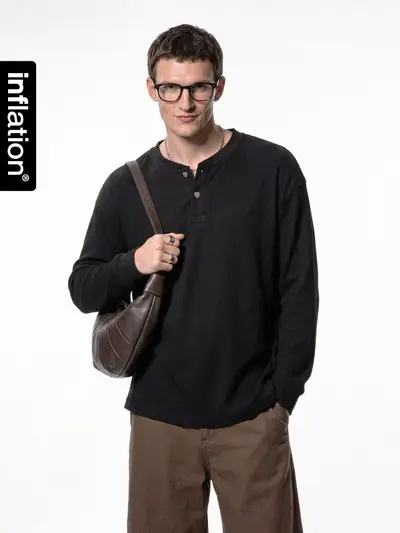 Jiezhan Waffel-Henley-Langarmshirt, farblich kontrastierend, unisex, locker geschnitten
