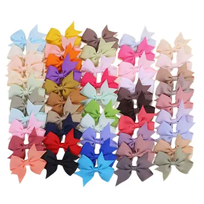 Children's Satin Bow Hair Clip, Solid Colour Ribbed, Handmade Swallowtail - 6