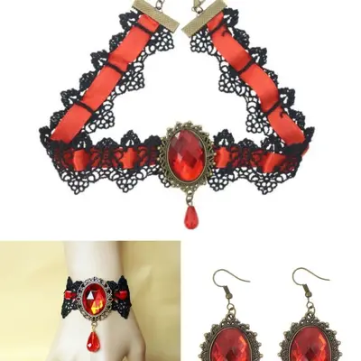 Vintage Gemstone Lace Necklace for Halloween Masquerade Party