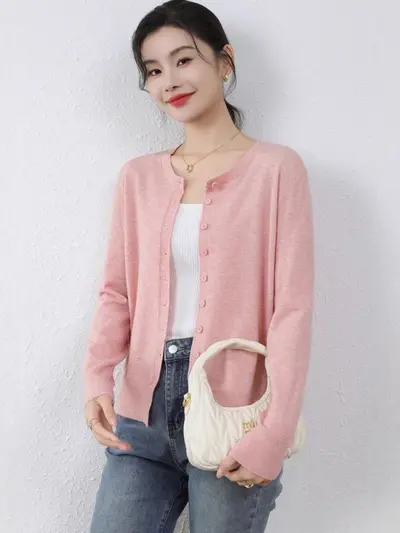 Leichte Strickjacke mit Rundhals, Mischgewebe, Damen-Herbst-Winter-Pullover