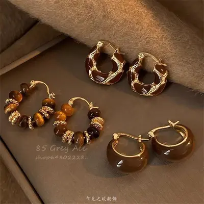 Sonbahar Kış Maillard Kaplan Gözü Taşı Küpe Retro Çok Amaçlı Şık Küpe Lüks Yüksek Kalite Basit Moda Kulak Aksesuarı Kadın - 2