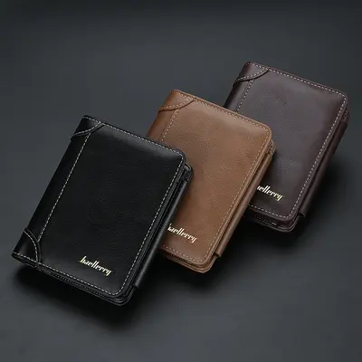 Men's Short Wallet with Vertical Zipper, Buckle and Coin Pocket