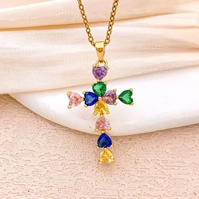 Kreuz-Halskette mit farbigen Zirkonia, Damen-Modeschmuck - 12
