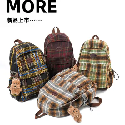 Retro Wool Plaid Women's Backpack for High School and University Students