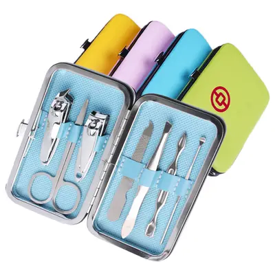 Personalized stainless steel candy color 7-piece nail scissor set, printed gift promotional LOGO manicure tools nail clippers