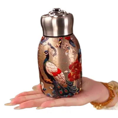 Tavus Kuşu Desenli Çin Tarzı Vakumlu Termos Bardak 300 ml Taşınabilir Hediyelik Cep Bardağ - 6