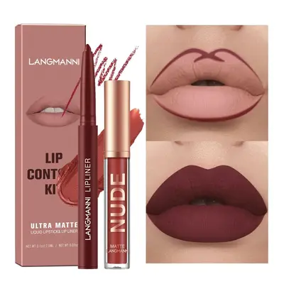 Langmanni 1+1 Matte Lip Gloss and Lip Liner Set, 2 Pieces, Non-Transfer
