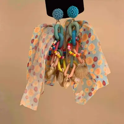 Creative Colorful Dopamine Fabric Beaded Earrings Women Ear Studs Seaside Vacation Style Ear Clips
