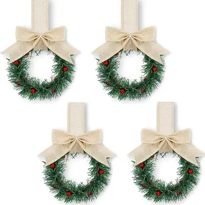 Small Flower Christmas Wreath, Mini Cabinet Decoration with Berries and Bow