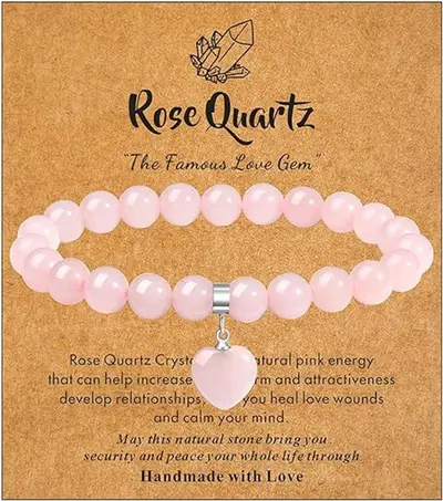 8mm Natural Stone Elastic Beaded Bracelet with Heart Stone Pendant - 10