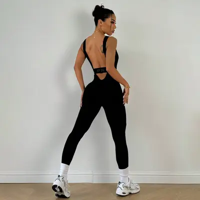 Women's Open-Back Jumpsuit, High-Stretch Yoga Wear - 6