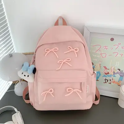 Korean Style Simple Girls' Bow School Backpack, Large Capacity with Laptop Compartment - 6