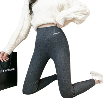 Women's Grey Thin Fleece Ribbed Leggings, Stretch, Plus Size - 6