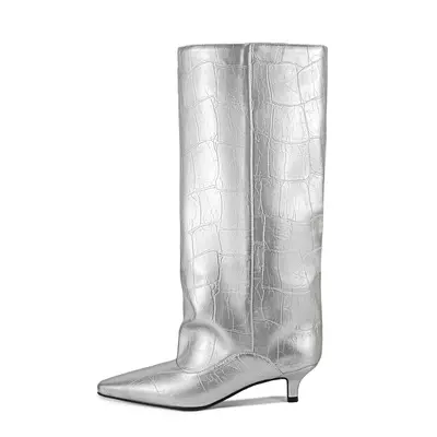 European and American Style Foreign Trade Kitten Heel Oversized Wide-Barrel Design Irregular Stone Pattern Individual Knee-High Boots Plus Sizes 35-45