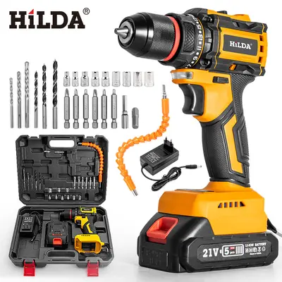 Hilda Bürstenlos 21V Lithium-Ionen Bohrmaschine mit hohem Drehmoment, grenzüberschreitende Neuversion Lithium-Ionen Elektrobohrer Elektroschraubendreher Starter Set