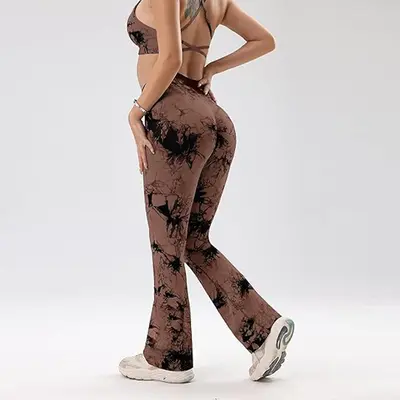 Hochbund-Yoga-Hose mit breitem Bein, elastisch, Batik-Design - 9