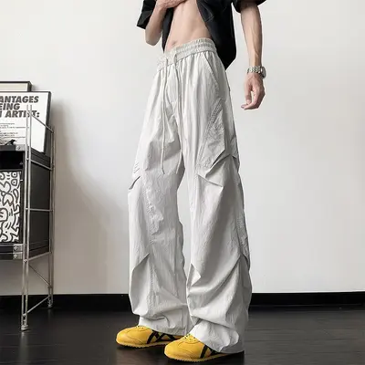 Men's Pleated Parachute Trousers, Wide Leg, Summer