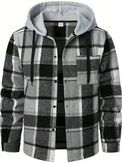 Men's warm hooded plaid shirt, loose casual fit, American-style jacket - 7
