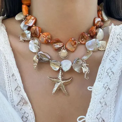 欧美跨境饰品 沙滩度假贝壳锁骨链     海洋风海星百搭套装项链