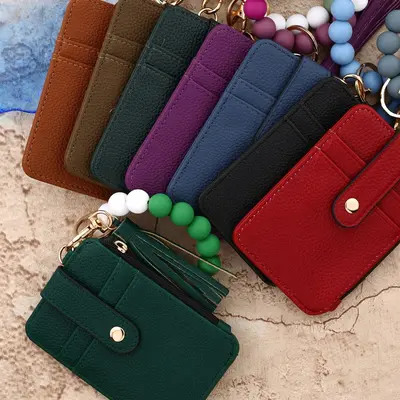 Folded Document and Card Holder Wallet, Solid Color Leather, Silicone Bracelet