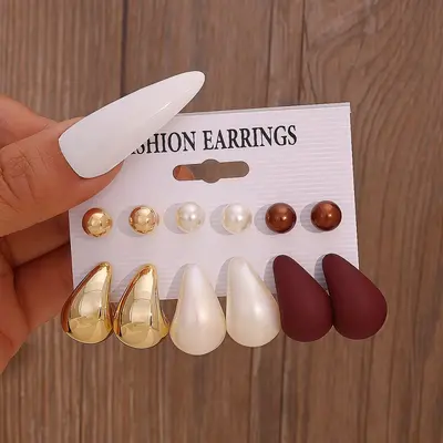 6er Set modische europäische und amerikanische Ohrstecker Ohrringe in Gold, Silber und Schwarz mit runden Perlen Harz Wassertropfen schlicht elegant Perlmutt Perlen - 11