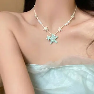 Pearl and shell bead necklace, beach vacation style - 5