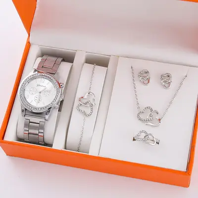 5-teiliges Damenuhr-Set mit Stahlarmband, Fake-Dreiziffernblatt-Design, alltägliches koreanisches Quarz-Uhr-Set mit Armband.