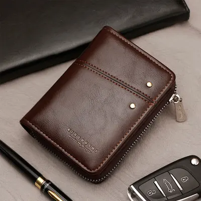 Retro Oil Wax Leather Men's Vertical Wallet with Rivets and Zip Coin Pocket - 7