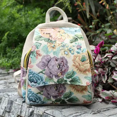 Women's Ethnic Embroidered Canvas Backpack with Gold Thread Embroidery - 4