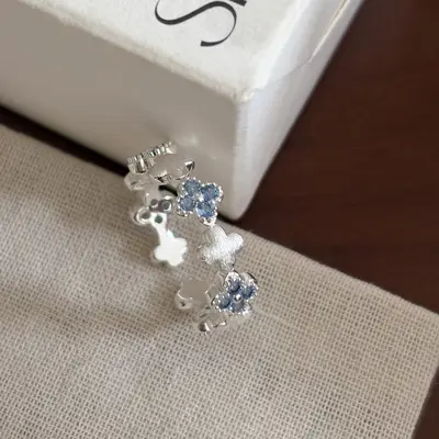 S925 sterling silver clover crystal ring, brushed, adjustable - 5