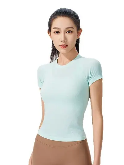 Women's Seamless Yoga Top, Nude Feel, Waist-Cinching, Round Neck