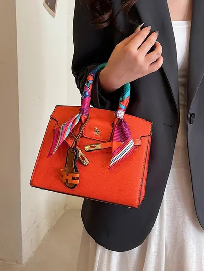 Large Capacity Kelly Bag with Printed Silk Scarf, Casual Handbag - 5