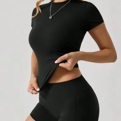 Women's Yoga Outfit Set, Quick-Dry, Short Sleeve with Pocket Shorts - 2