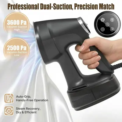 Handheld garment steamer, large tank, suction type