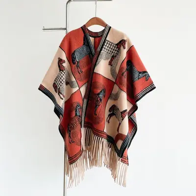 Women's Long Cashmere-Look Side Slit Cape Shawl, Warm - 10