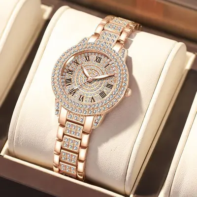 Women's diamond-studded quartz watch with Roman numerals and bracelet design