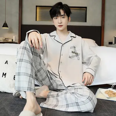 Men's Pajama Set, 100% Cotton Long Sleeve, Spring Autumn - 8