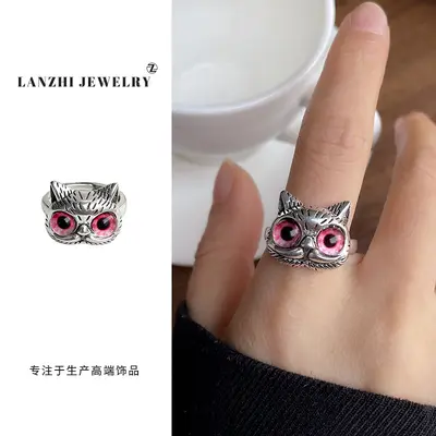 Lanzhi Tay sterling silver jewelry non-fading, personalized niche cat animal accessible luxury open sign finger ring 925 sterling silver ring - 8
