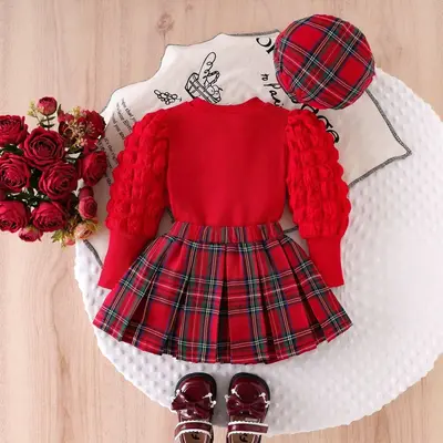 Kız Çocuk Balon Kollu Üst, Ekose Etek ve Şapka Noel Üçlü Takım