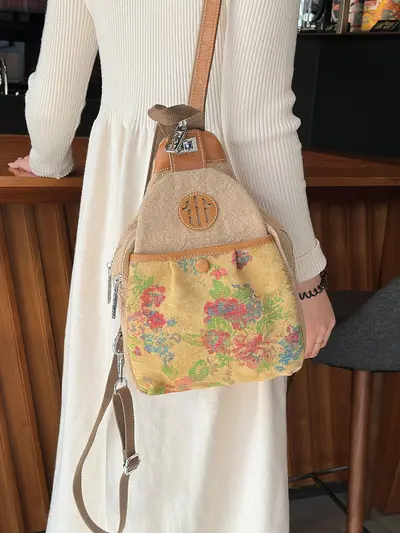 Oat Yellow Retro Cotton-Linen Backpack, Large Capacity - 4