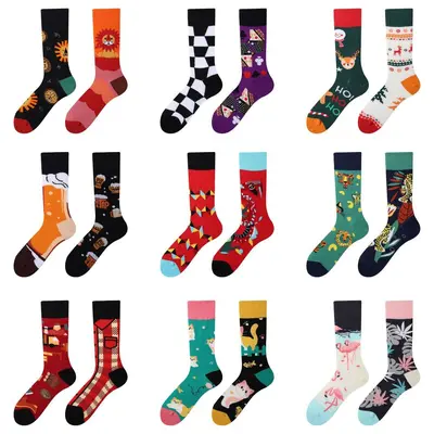 Men's and Women's Asymmetrical Cartoon Cotton Socks, Mid-Calf