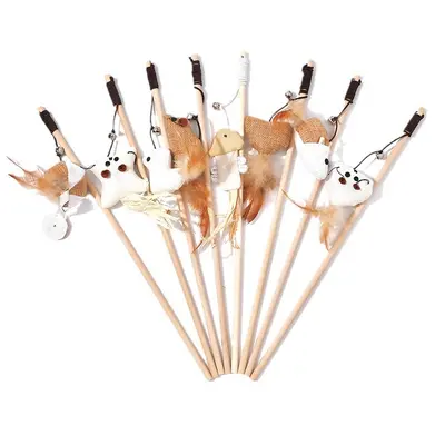 Holzstab-Katzenangel mit Feder, Glöckchen und Maus - 6